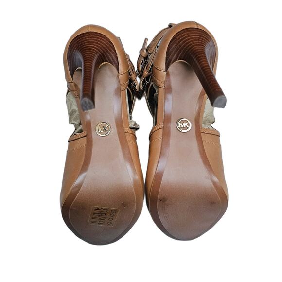 Stiletto Booties MMK Blaze Size 7 Tan Leather Gold MICHAEL KORS Buckle Heel Open - Picture 11 of 13